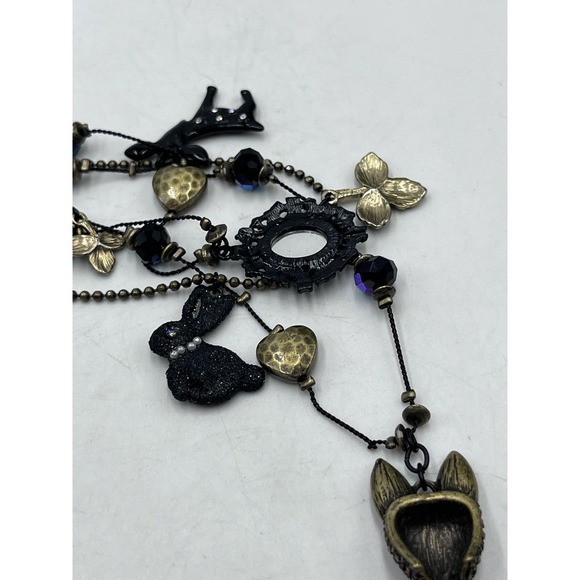 Betsey Johnson Dark Forest Triple Strand Gunmetal Necklace Fox Rabbit Charms - Picture 12 of 16